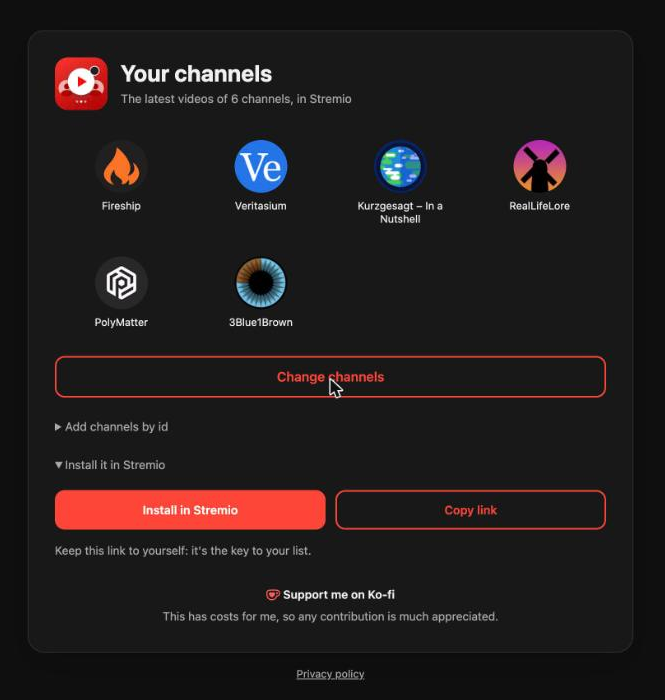 The page of your list: the channels you chose, and installing it in Stremio